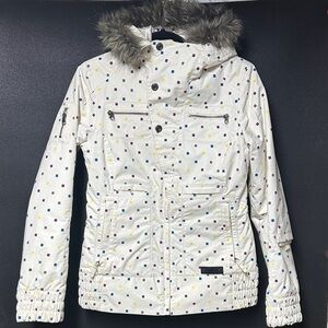 Burton Women's Snow Jacket with Multicolor Pattern and Faux Fur Hood